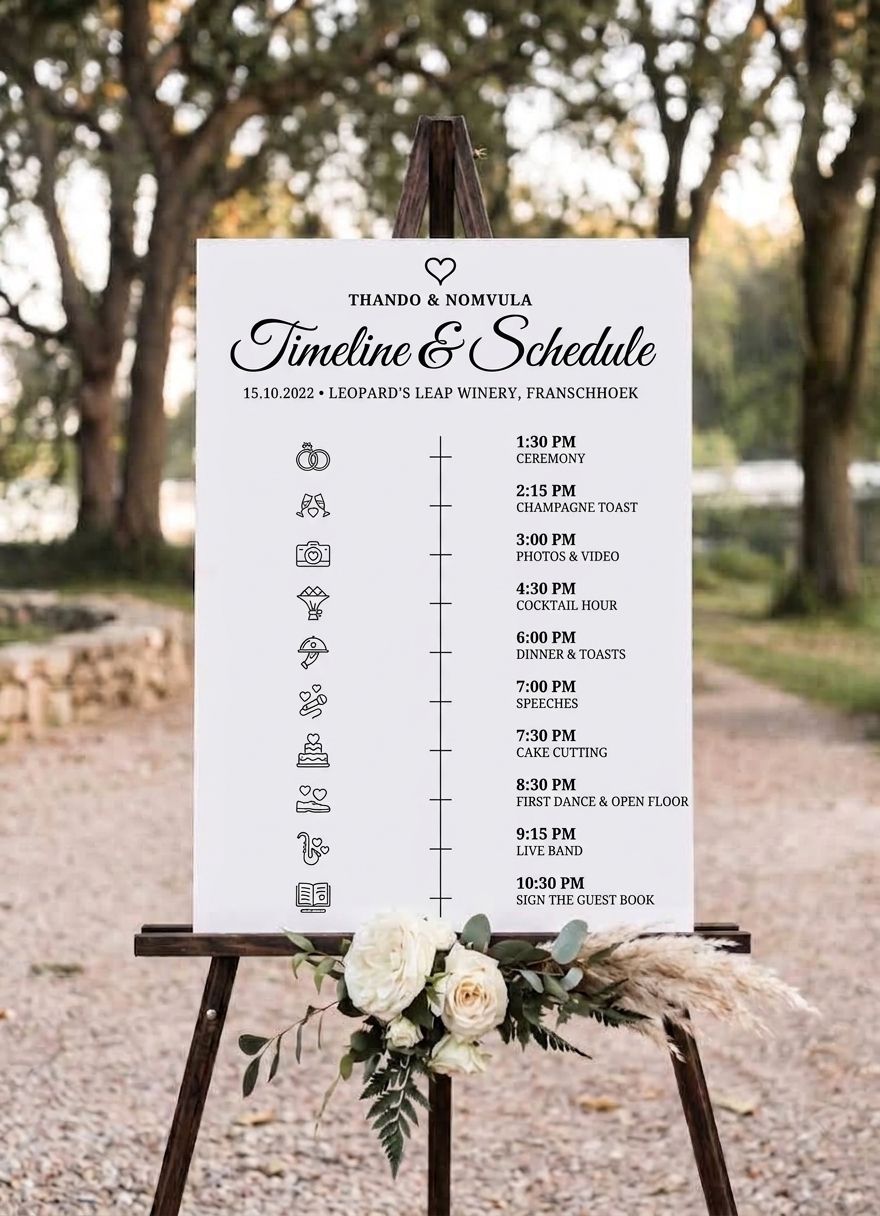 A printed wedding day timeline board on display